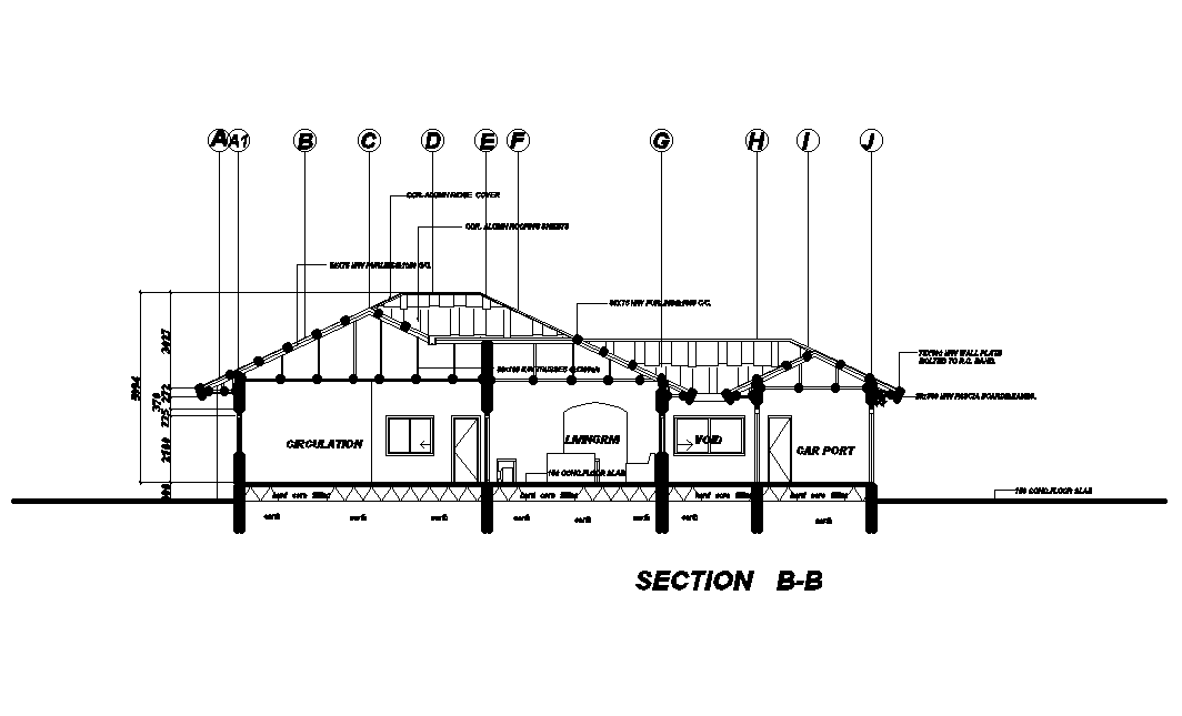 Front section view of 20x19m house plan is given in this Autocad drawing file. Download now.
