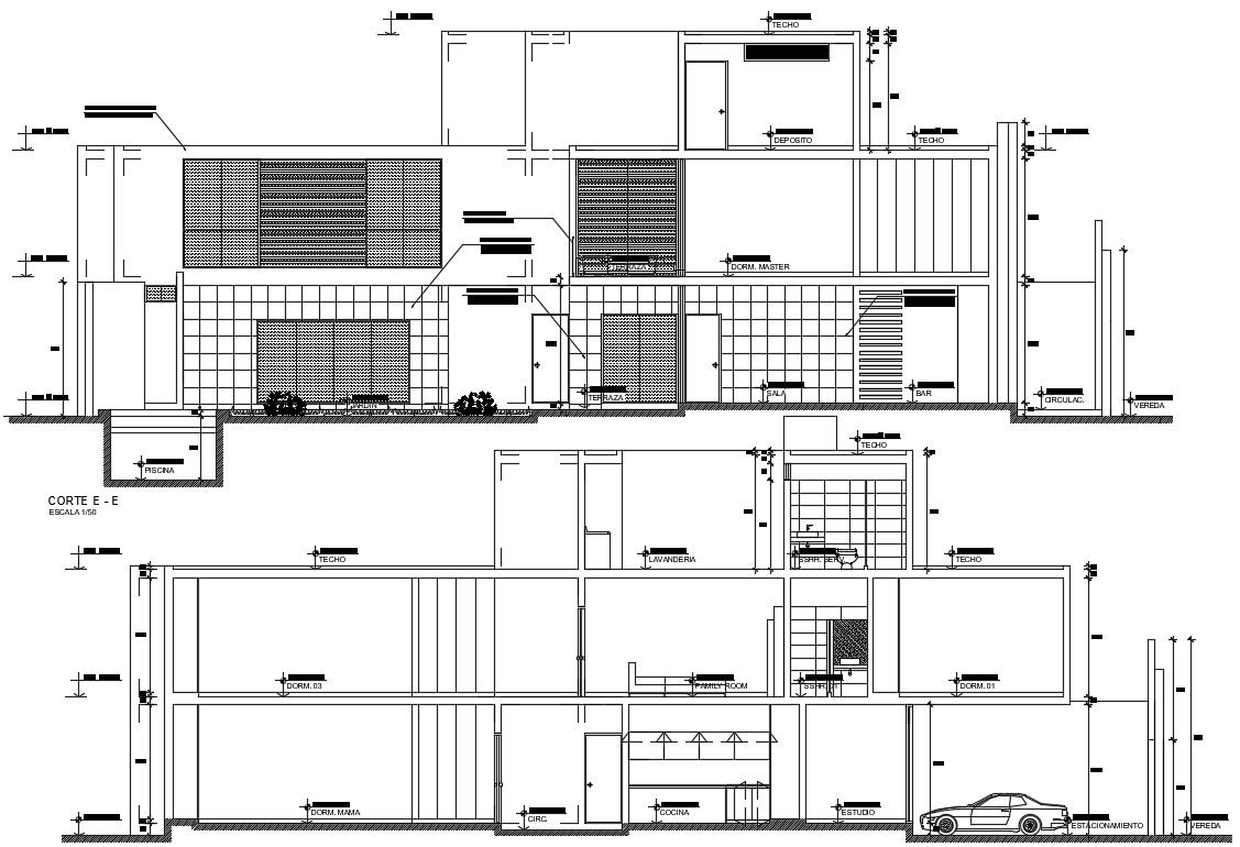 Front section view of 23x16m first floor house building is given in this Autocad drawing file. Download now.