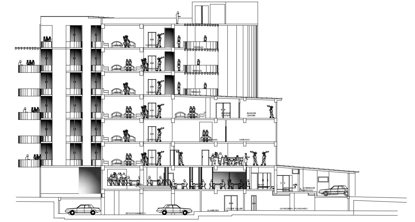 Front section view of 46x40m hotel cum multifunctional building is given in this Autocad drawing file.Download now.