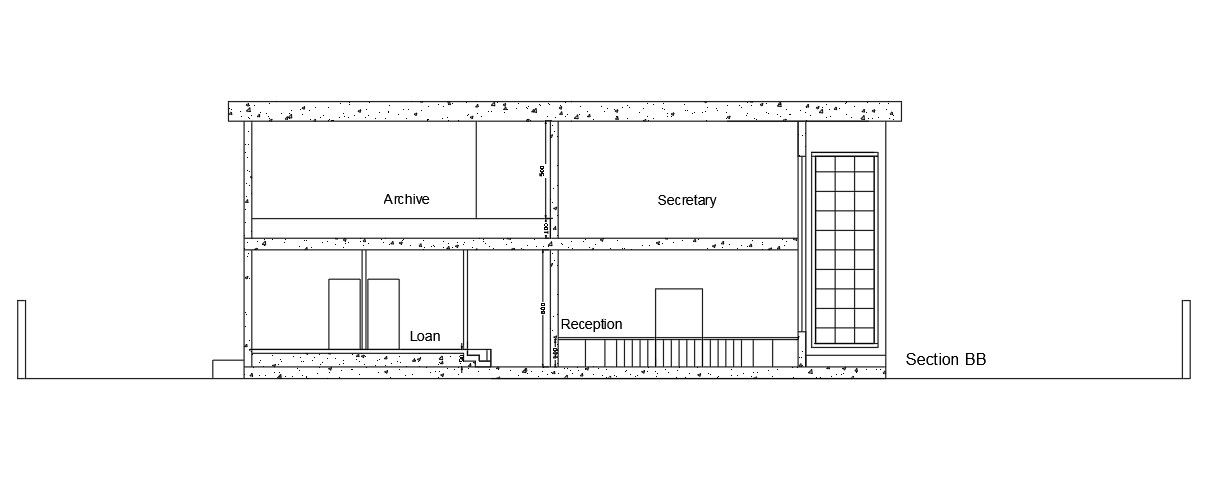 Front section view of 48x32m bank building is given in this Autocad drawing file. Download now.