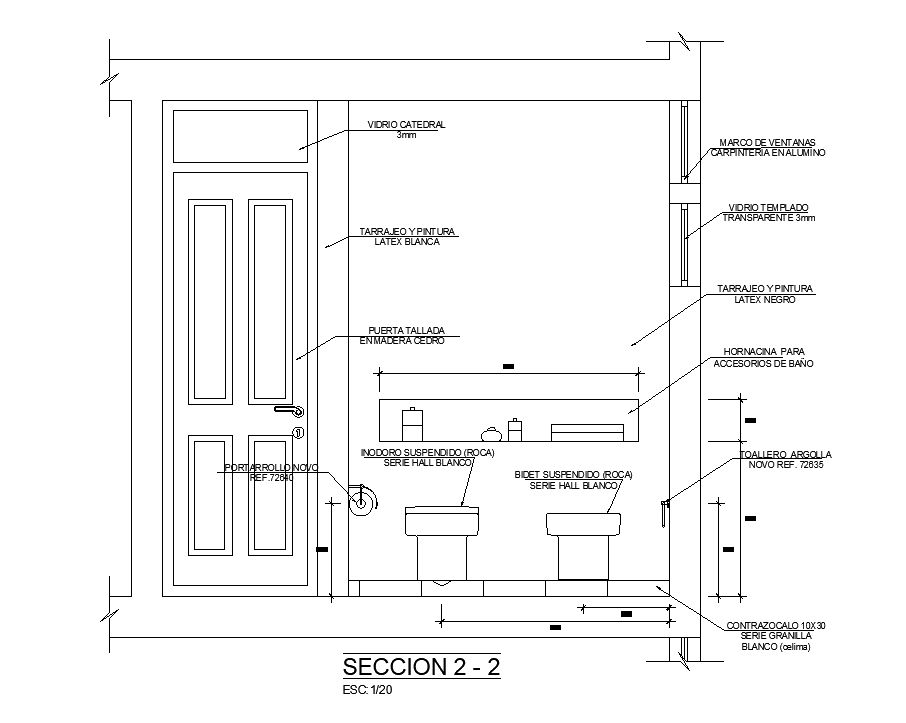 Front section view of 4x3m toilet building has given in this Autocad drawing file. Download now.
