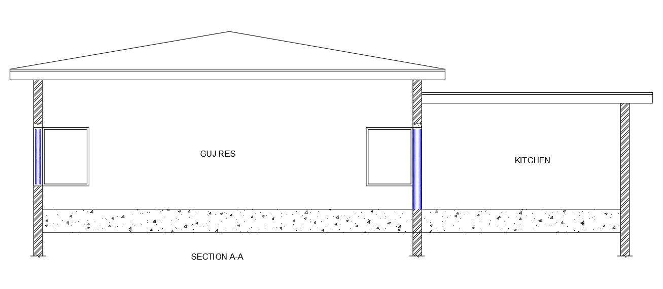 Front section view of 50’x50’ restaurant building is given in this Autocad drawing file. Download file.