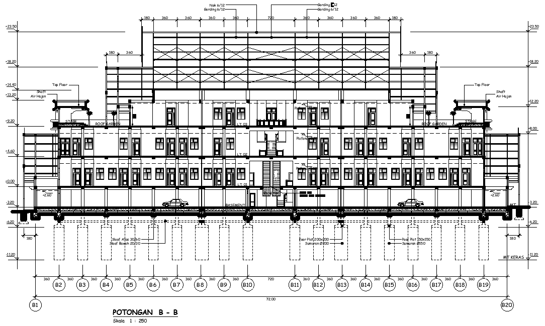 Front section view of 64x18m office building is given in this Autocad drawing file.Download the Autocad model.
