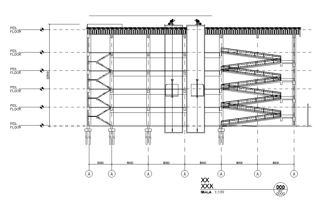 Front section view of 70x110m mother & child hospital building is given in this AutoCAD drawing model. Download the Autocad model.