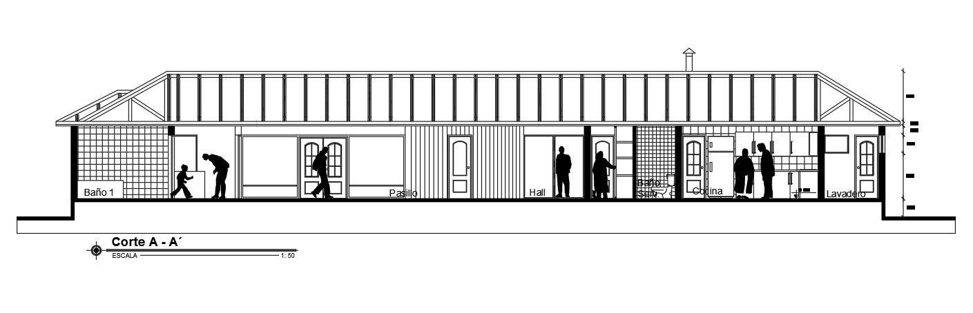 Front section view of 73’x73’ house building is given in this Autocad drawing file.Download now.