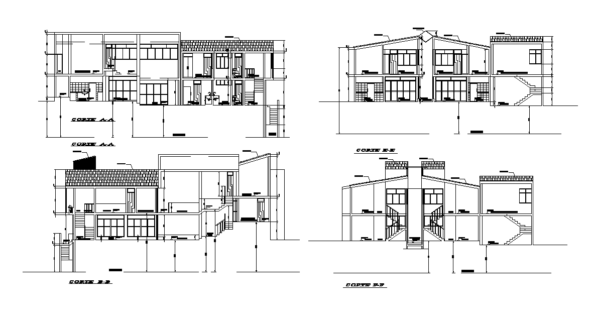 Front section view of 7x19m multifamily house building is given in this Autocad drawing file. Download the Autocad file.