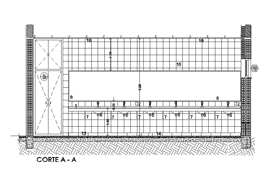 Front section view of 7x7m toilet plan is given in this Autocad drawing file. Download now.