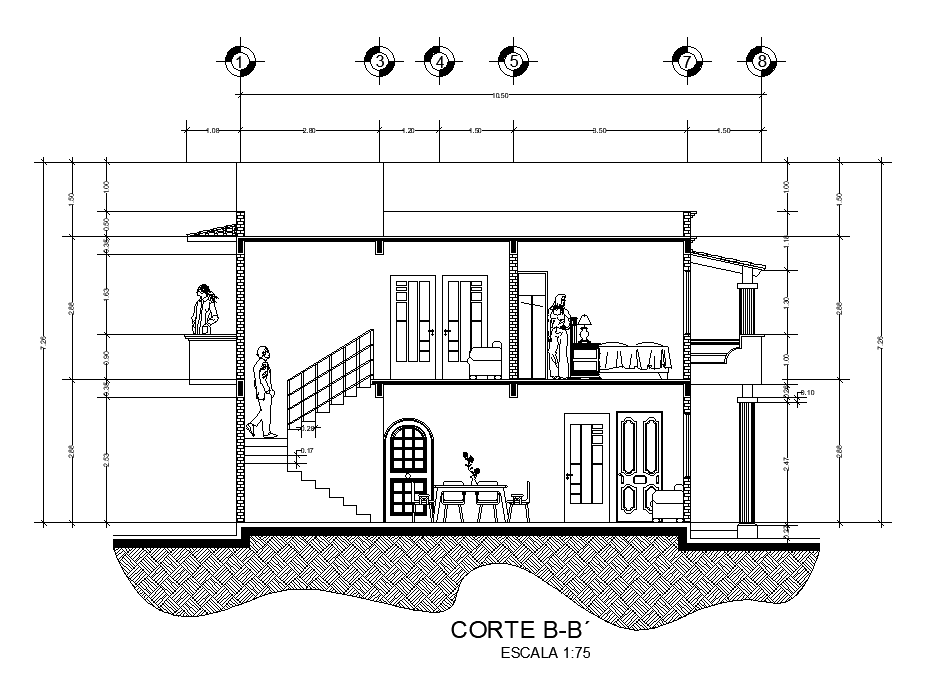 Front section view of 8x10m house building is given in this AutoCAD drawing model.Download now.