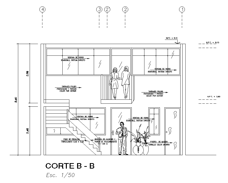 Front section view of 8x35m office cum house building is given in this Autocad drawing file. Download now.