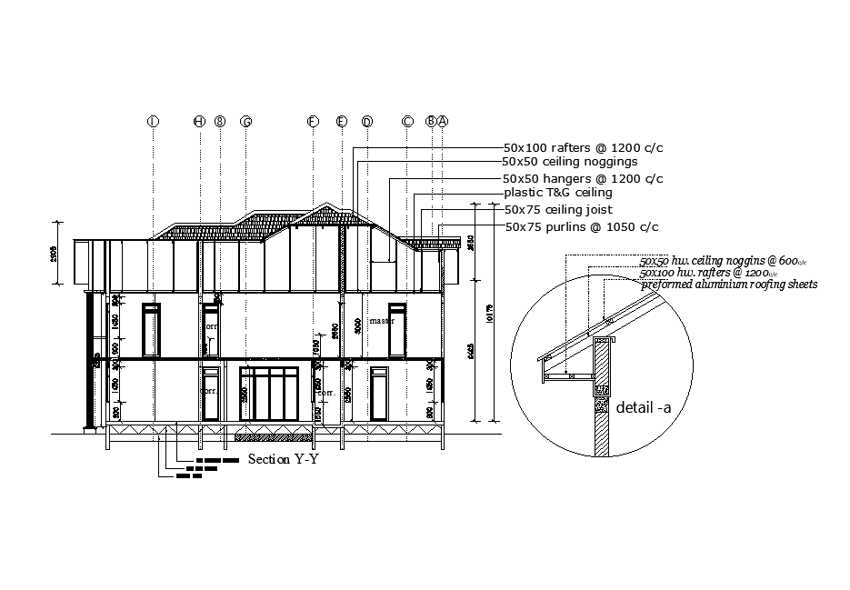 Front section view of 9x12m residential plan is given in this Autocad drawing file. Download now.