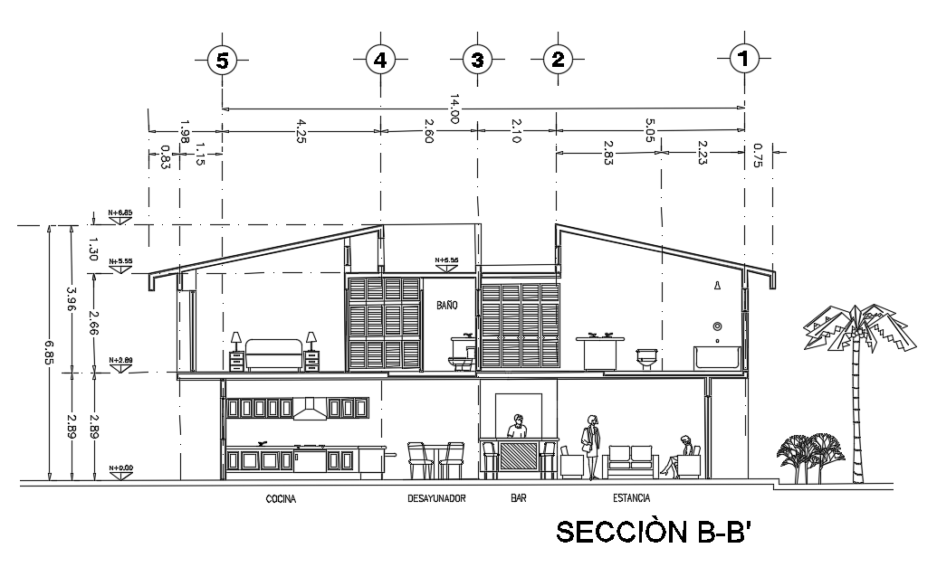 Front section view of 9x14m house building is given in this Autocad drawing file.Download the Autocad model.