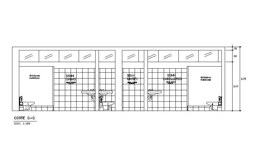Front section view of Plant with layout of walls of toilet has been given in this Autocad drawing file. Download now.