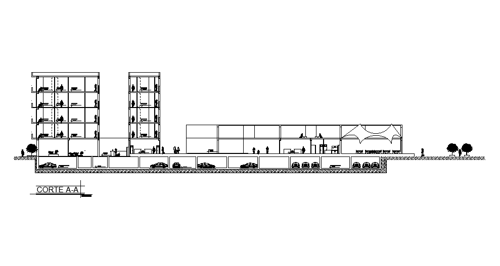 Front section view of matrimonial hall building is given in this Autocad drawing model. Download now.