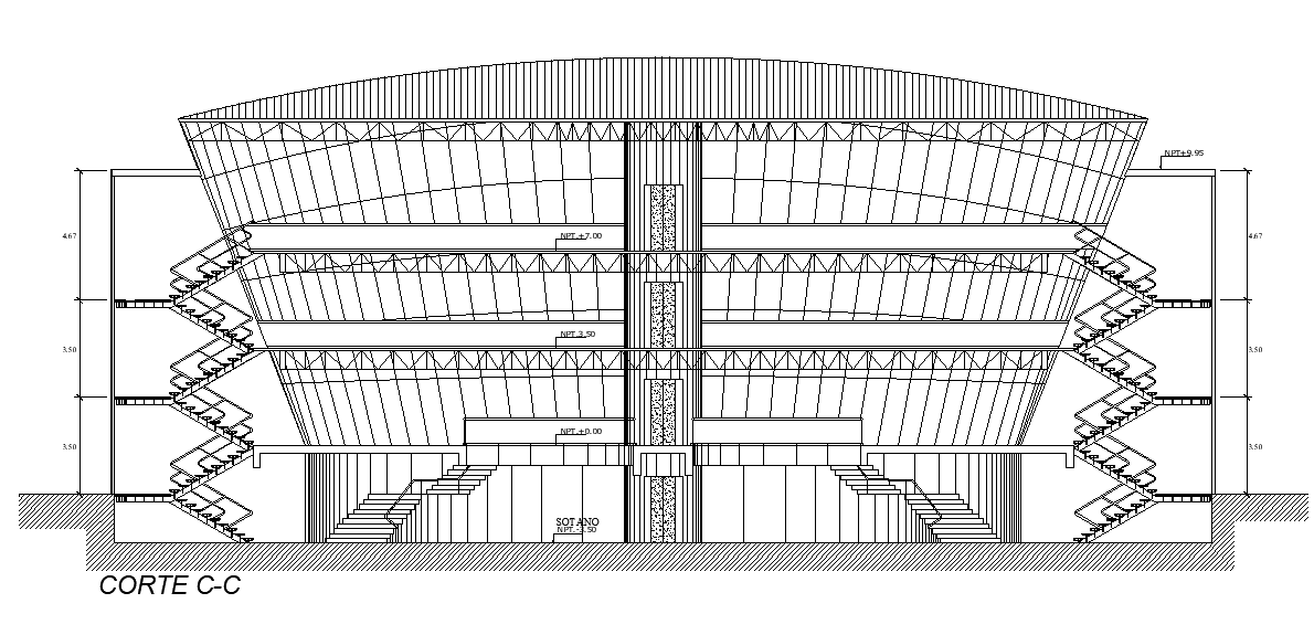 Front section view of the auditorium is given in this Autocad drawing file. Download the 2D Autocad file.