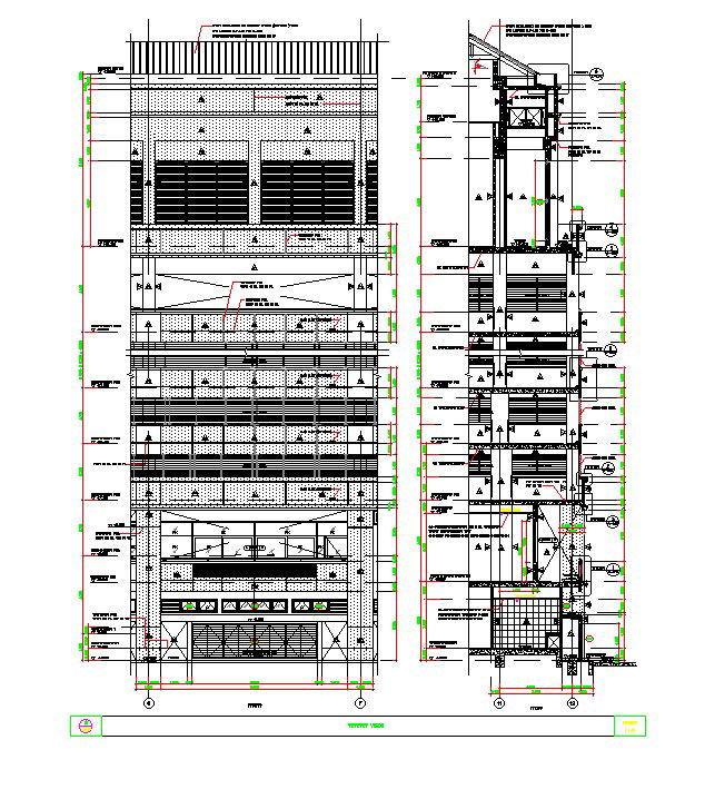 Front side Section details of the Hotel Building are given in this 2D AutoCAD DWG Drawing. Download the AutoCAD file now.