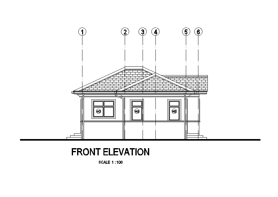 Front side elevation of 9x10m house plan is given in this Autocad drawing file. Download now.