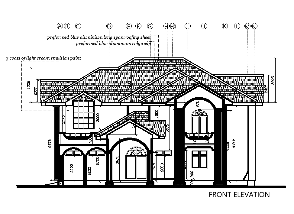 Front side elevation of the 17x17m ground floor house plan is given in this Autocad drawing file. Download the Autocad drawing file.