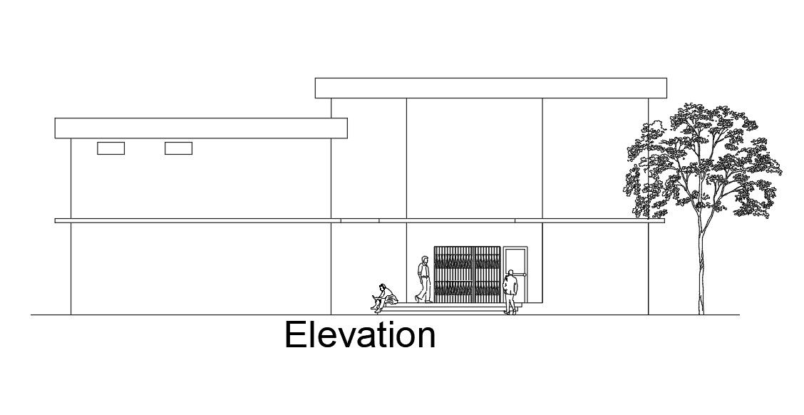 Front side elevation view of 21x14m bank building is given in this Autocad drawing file.Download the file.