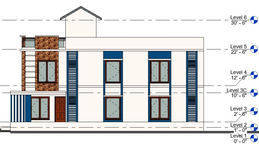Front side elevation view of luxury villa of 3D bungalow house is given in this Revit file.Download now.