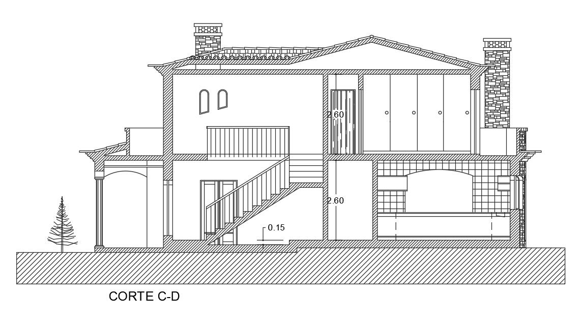 Front side section view of 14x13m house building is given in this Autocad drawing file.Download the Autocad model.