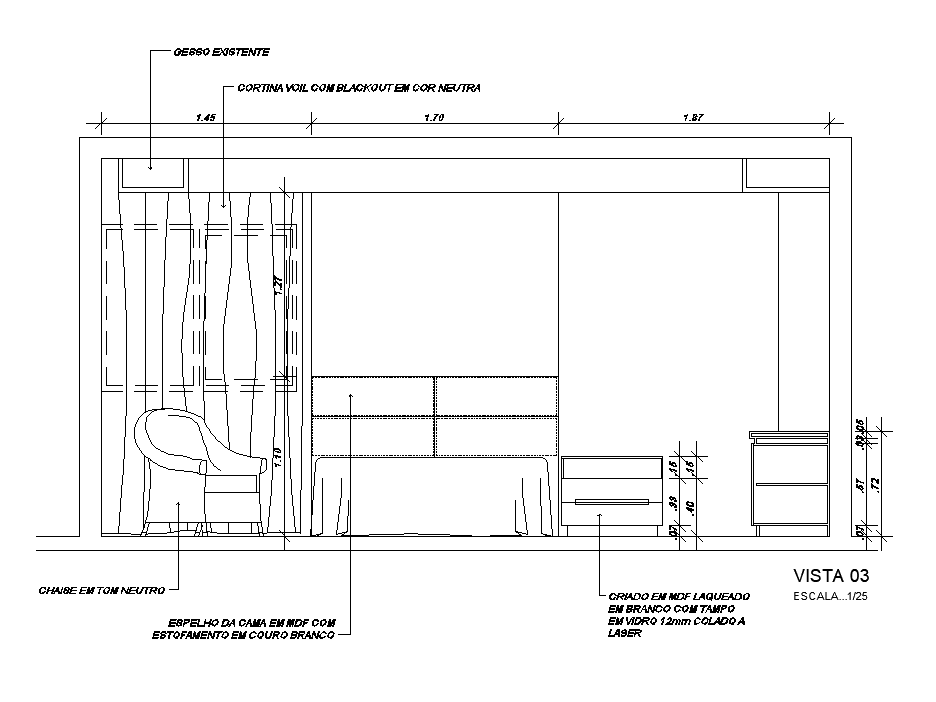 Front side section view of 15’x10’ bedroom is given in this AutoCAD drawing. Download now.