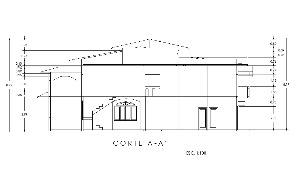 Front side section view of 17x13m house building is given in this AutoCAD DWG drawing file.Download the Autocad model.
