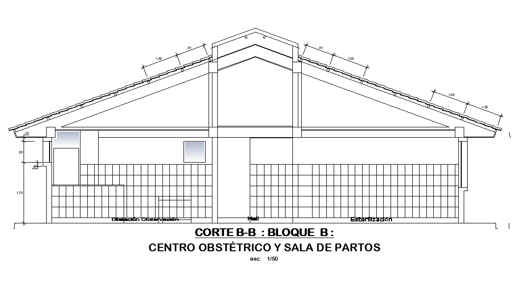 Front side section view of 18x11m hospital obstetric center building is given in this AutoCAD drawing model. Download now.