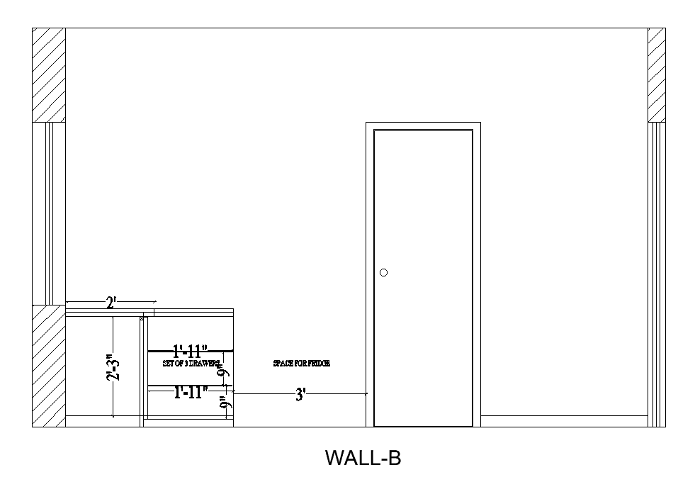 Front side section view of 23’x14’ kitchen is given in this Autocad drawing file.Download now.