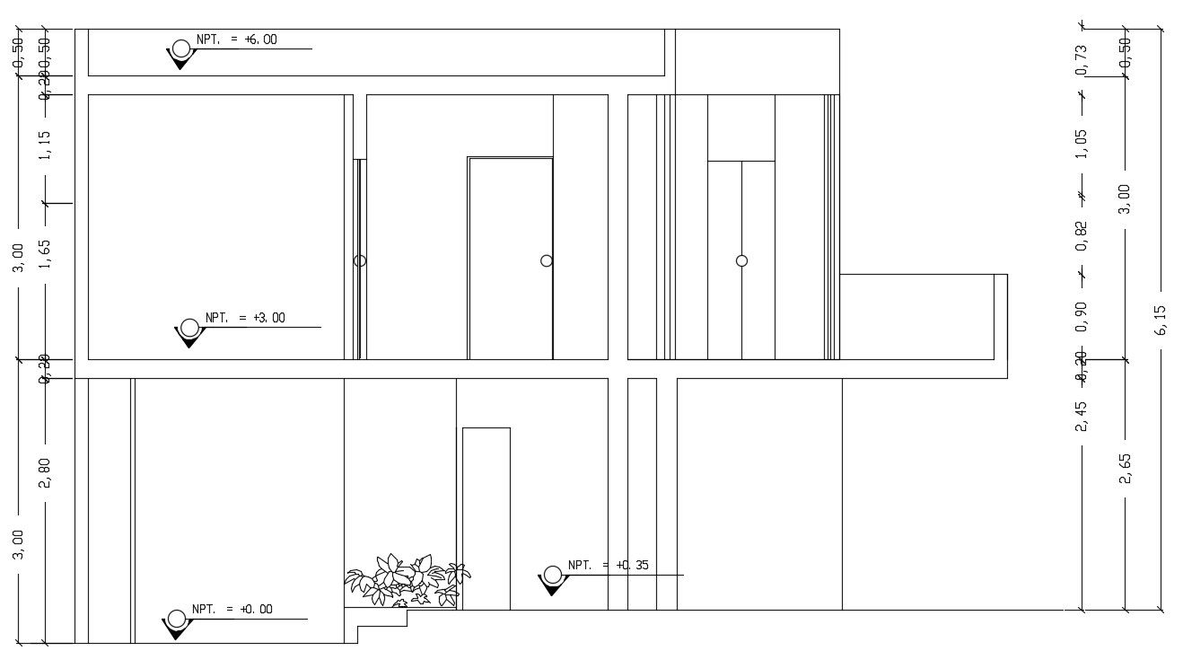 Front side section view of 8m home building is given in this Autocad drawing file. Download now.