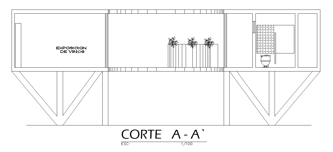 Front side section view of 90x39m community center plan of tourist center is given in this AutoCAD model. Download now.