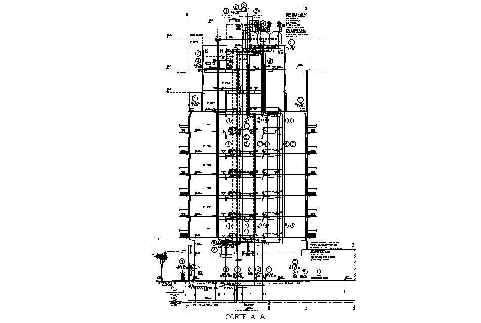 Front side section view of 9x35m house cum guest room building is given in this Autocad drawing file.Download now.