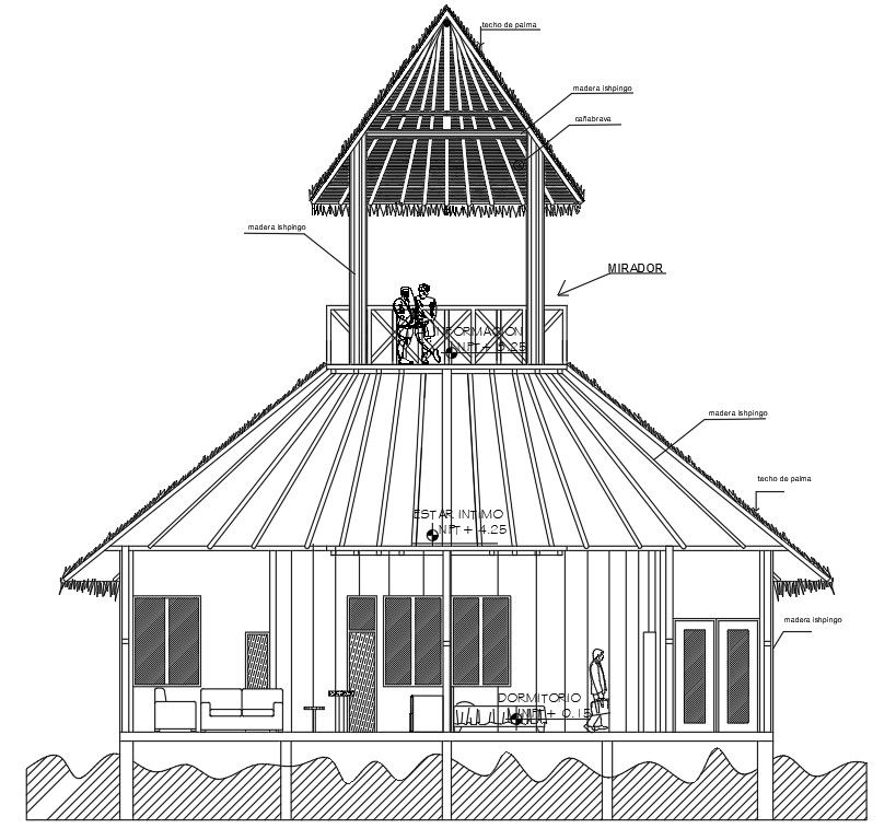 Front side section view of architecture circular shape house building is given in this AutoCAD drawing model.Download now.