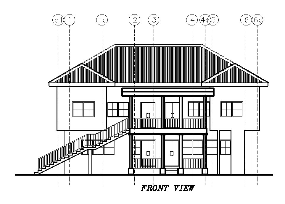Front view of 16x13m house plan is given in this Autocad drawing file. Download now.