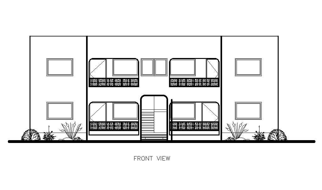 Front view of 17x11m ground floor twin house plan is given in this Autocad drawing file.Download now.