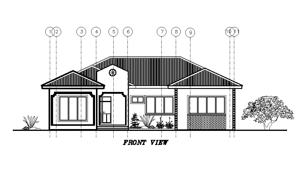 Front view of 17x16m residential plan is given in this Autocad drawing file.Download now.