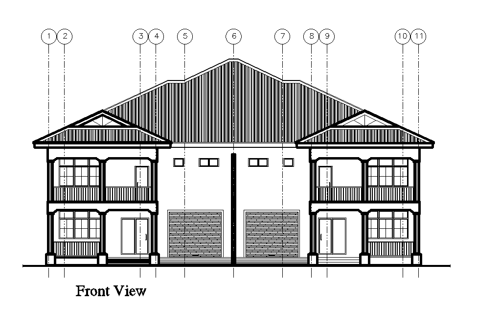 Front view of 22x22m house plan is given in this Autocad drawing file. Download now.