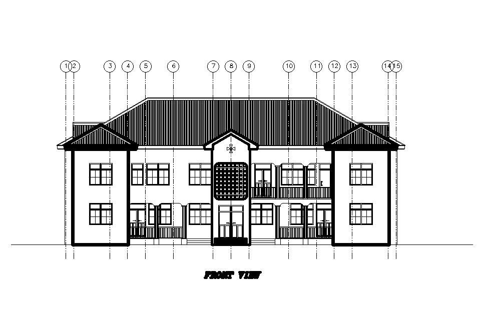 Front view of 25x15m ground floor plan of residential building is given in this Autocad drawing model.Download now.