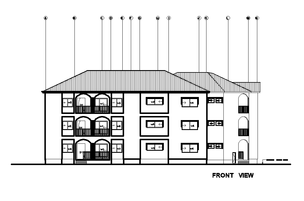 Front view of 30x14m house plan is given in this Autocad drawing file. Download now.
