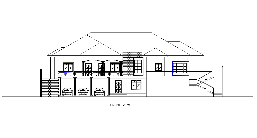 Front view of 3Bhk house plan is given in this Autocad drawing file.Download now.
