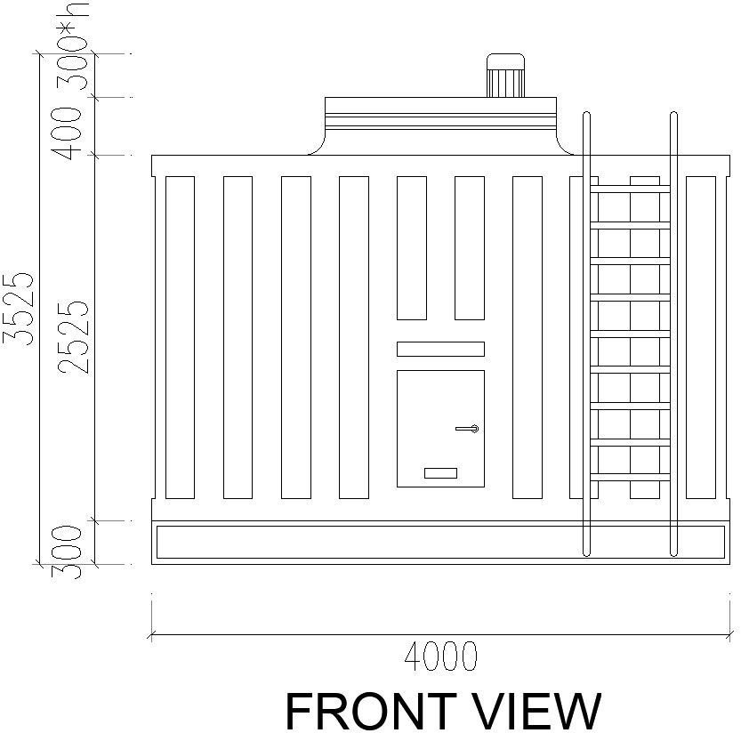 Front view of cooling tower with dimensions