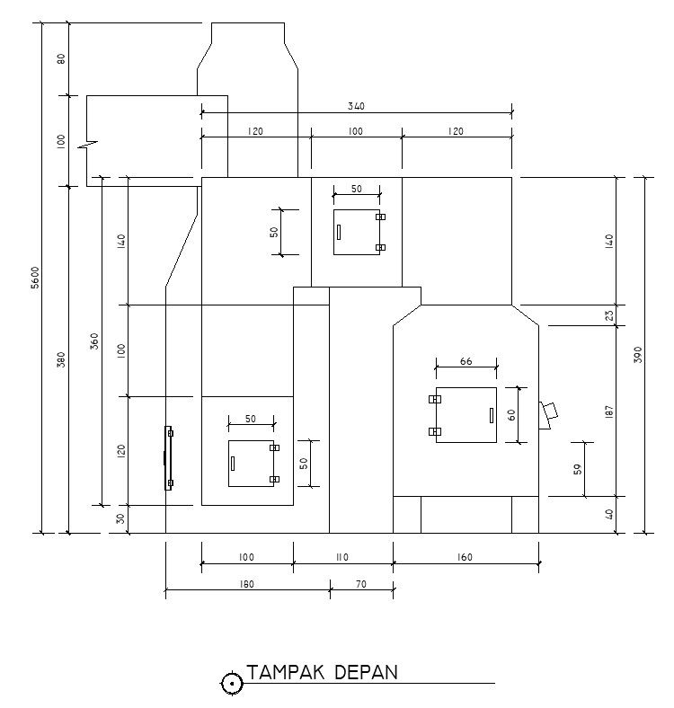 Front view of incinerator plant with dimensions and details in AutoCAD 2D drawing, CAD file, dwg file
