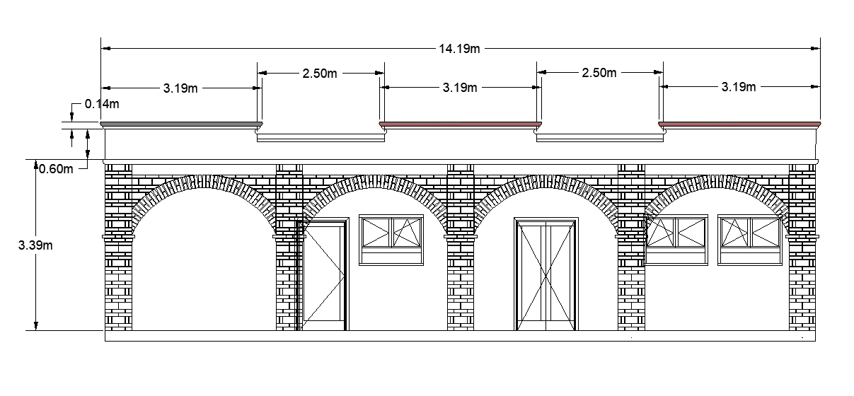 Front view of the brick work building is given in this Autocad drawing file. Download now.
