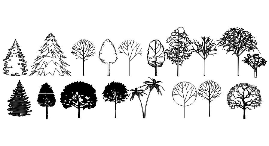 Front view of trees in AutoCAD 2D block, dwg file, CAD file
