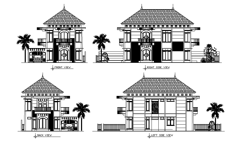 Front view villa elevation of 9x11m house building is given in this Autocad drawing file. Download now.