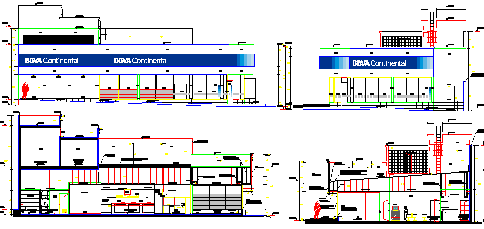 Full elevation and section details of city bank design dwg file