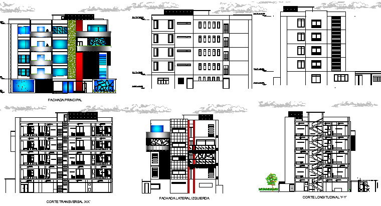 Full elevation & section plan, Multi-flooring education building dwg file