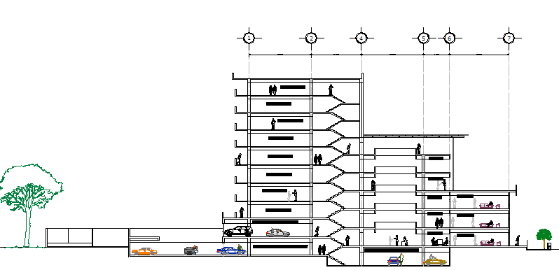 Full sectional details of commercial with housing building dwg file