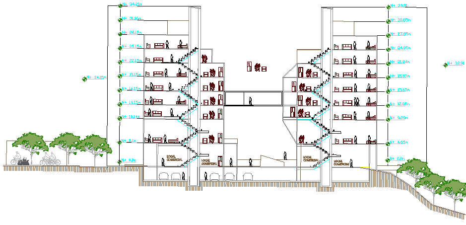 Full sectional view of multi-family housing apartment flats dwg file