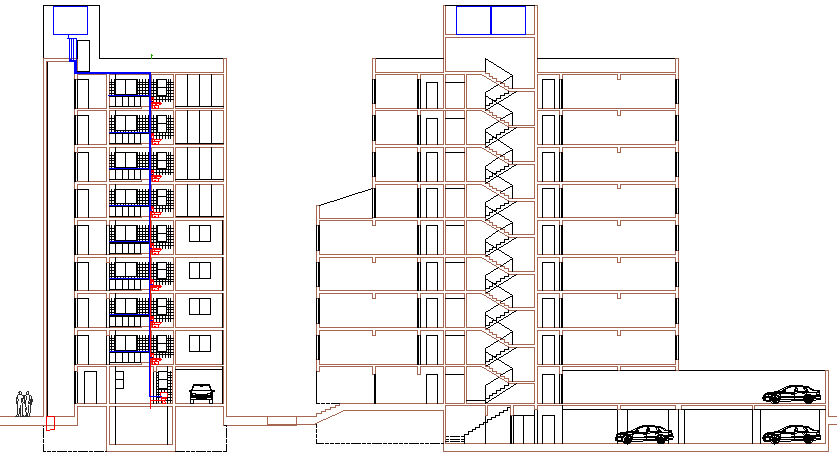 Full sectional view of multi-family housing apartment flats dwg file