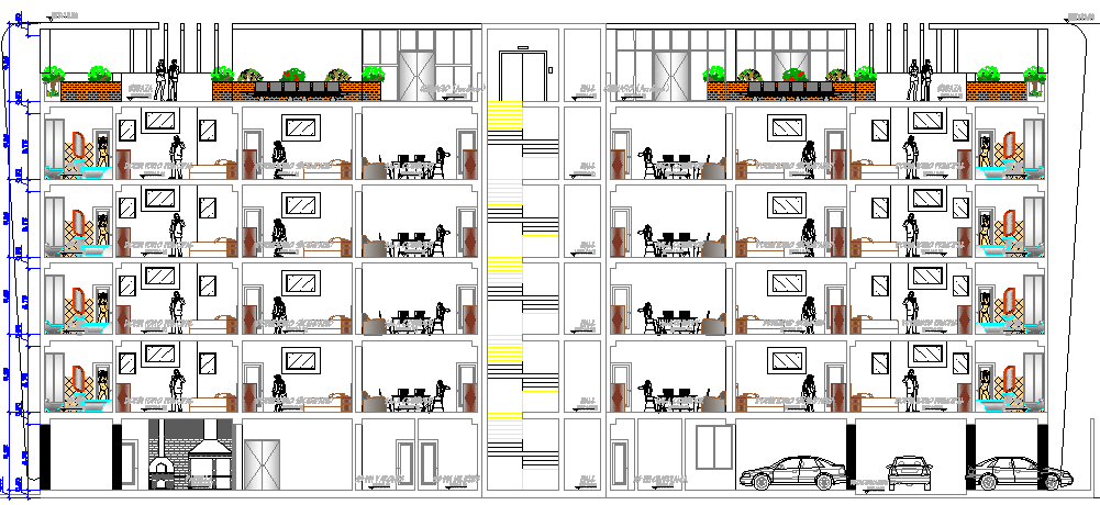 Full sectional view of multi-flooring apartment flats dwg file